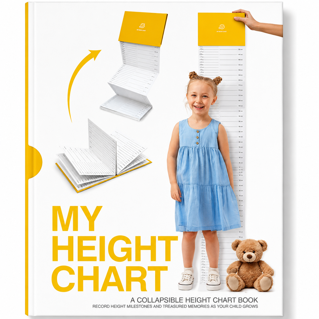 A children's height chart book shown on a white background, with a young girl standing beside a tall height measurement scale on the cover. The cover also includes illustrations of the book opened to show interior pages, large yellow text reading 'MY HEIGHT CHART,' and a brown teddy bear at the bottom right.
