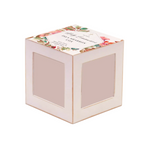 A square white gift box with two clear window panels on the front and sides, decorated with a floral pattern on the lid and a white label that reads 'Jolly Jolly Presents' and 'ASH & MARYWAY COFFEE'.