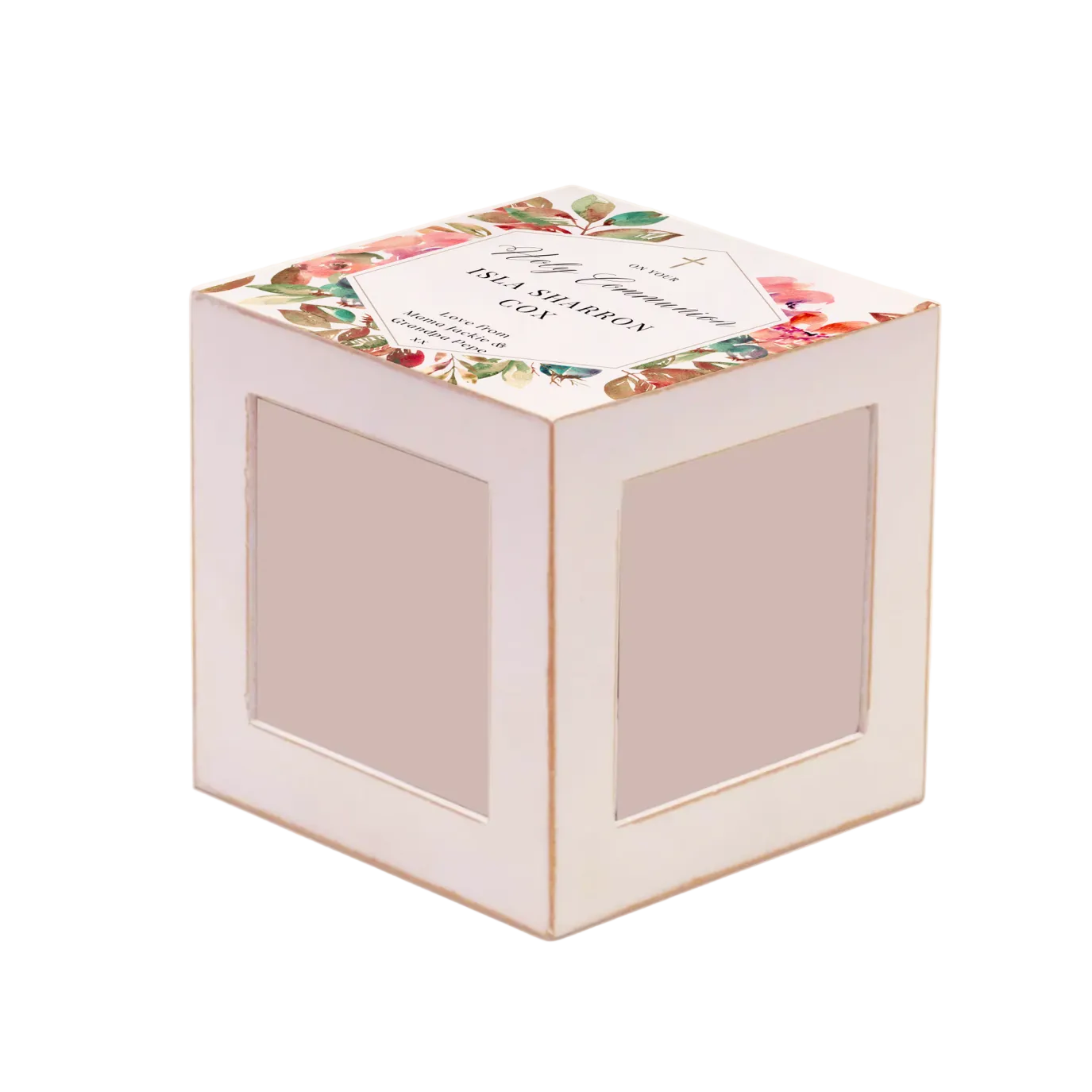 A square white gift box with two clear window panels on the front and sides, decorated with a floral pattern on the lid and a white label that reads 'Jolly Jolly Presents' and 'ASH & MARYWAY COFFEE'.