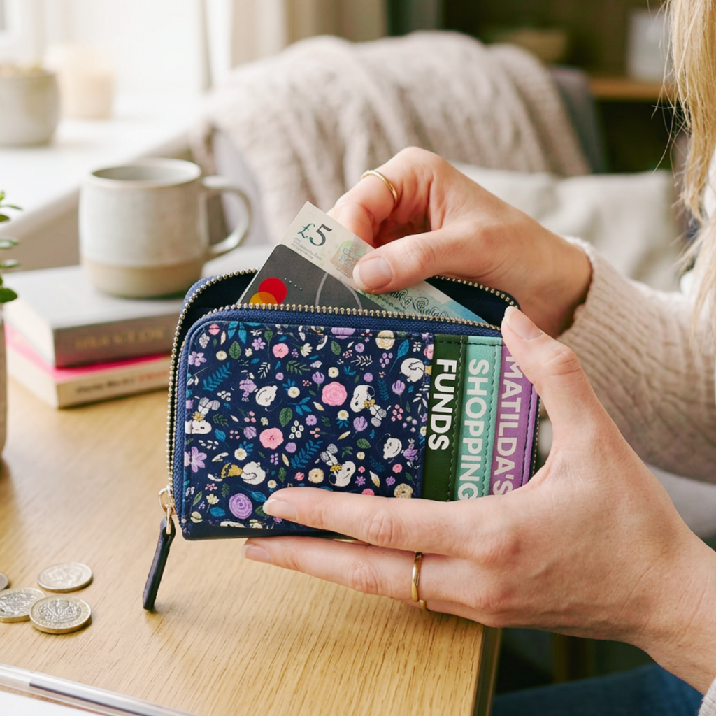 A navy blue floral zip-around wallet with cartoon characters, being held open by a person at a wooden table. The wallet contains cards and a 45-pound note, with books and a mug blurred in the background.