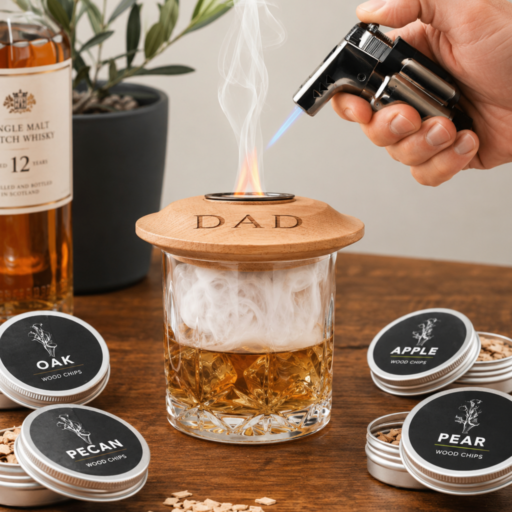 A hand holds a torch lighter over a glass tumbler filled with amber liquid, with smoke rising from the top. The glass has a wooden lid engraved with 'DAD'.