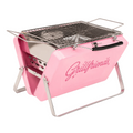 A pink portable folding grill with a stainless steel wire grate, foldable legs, and the brand name 'Grillfriends' printed in pink script on the side, shown on a white background.