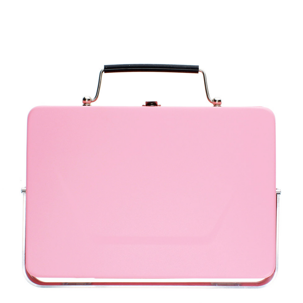 A glossy pink rectangular handbag or clutch with a top handle, shown against a plain white background.