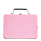 A glossy pink rectangular handbag or clutch with a top handle, shown against a plain white background.