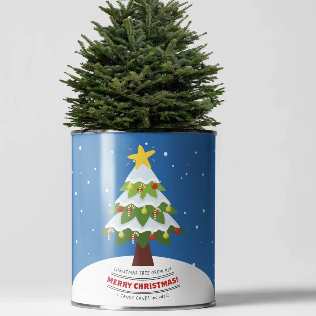 A small artificial Christmas tree in a cylindrical blue tin can with a festive 'Merry Christmas' holiday print, set against a plain light gray background.
