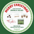 A round white Christmas-themed growing kit instruction card from The Plant Gift Co. on a dark green background.