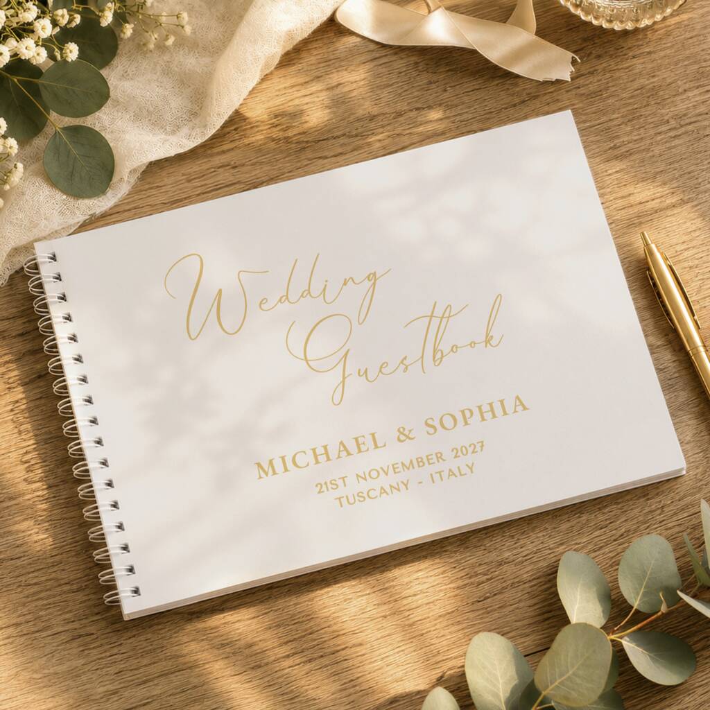 A white spiral-bound wedding guestbook with elegant gold foil lettering, styled on a wooden tabletop with eucalyptus leaves, a cream ribbon, and a gold pen.