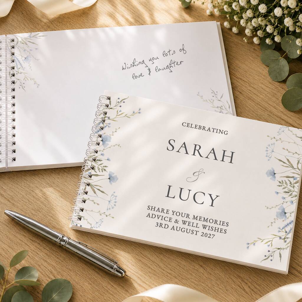 A spiral-bound guest book with a white cover and delicate blue floral illustrations, placed on a wooden table alongside another guest book, a silver pen, and small white flowers.