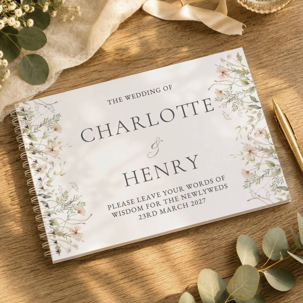 A personalized spiral-bound wedding guest book with floral illustrations on the cover, styled on a wooden tabletop with eucalyptus leaves, a gold pen, and a cream ribbon.