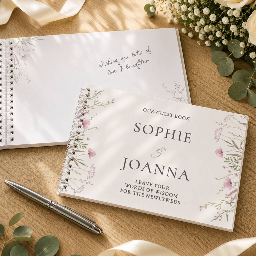 A personalized guest book set displayed on a wooden table with floral accents. The front cover of the spiral-bound guest book reads 'OUR GUEST BOOK SOPHIE & JOANNA' with floral illustrations, and the back cover shows handwritten text.