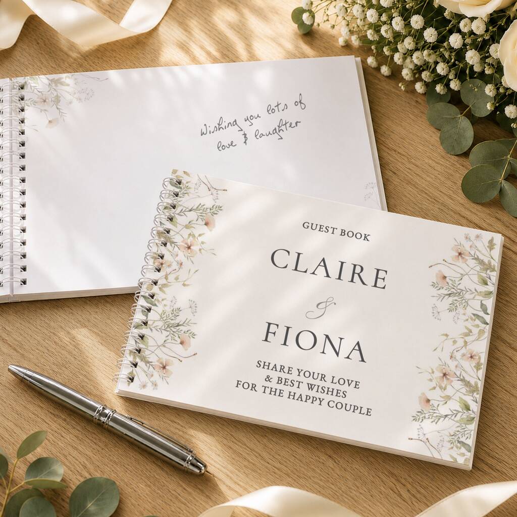 A personalized guest book with floral illustrations on the cover is displayed on a wooden table, alongside another open guest book, a silver pen, and eucalyptus flowers.