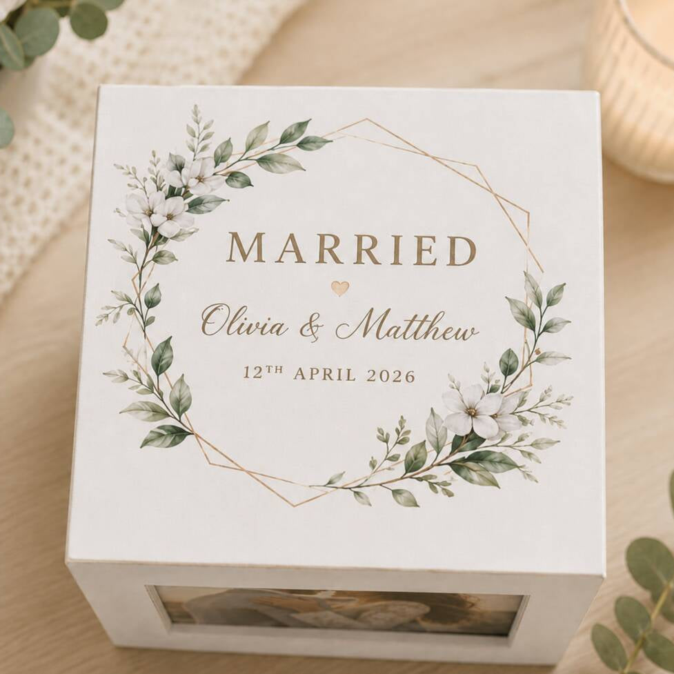 A square white keepsake box with a floral wreath design and the words 'MARRIED', 'Olivia & Matthew', and '12th April 2026' printed on the lid, photographed on a light wood surface with soft decorative props around it.